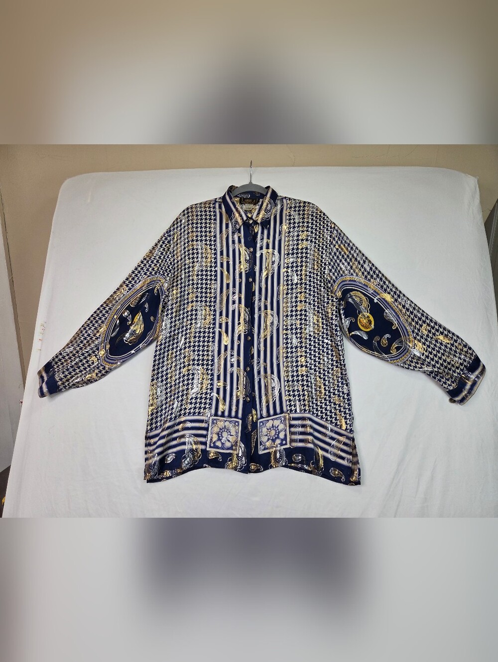 Vintage ARIS.A Silk Metallic Paisley Houndstooth Button Up Blouse Womens Large